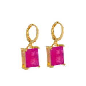 Brinco Argolinha Pedra Retangular Rosa Banhado a Ouro 24k