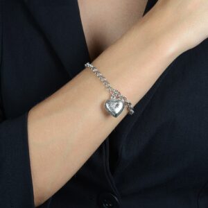 Pulseira Prateada Elo Português com Coração Banhado em Ródio