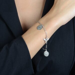 Pulseira Prateada Religiosa Pai Nosso e Espírito Santo Banhado em Ródio