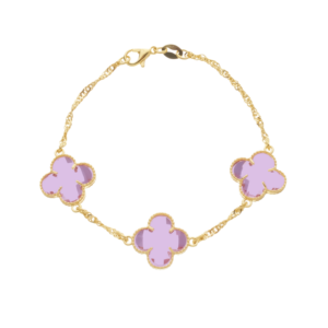 Pulseira Trevos Zircônia Rosa Banhado a Ouro 24k