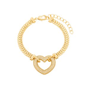 Pulseira de Coração Vazado Cravejado com Zircônia Banhado a Ouro 24k