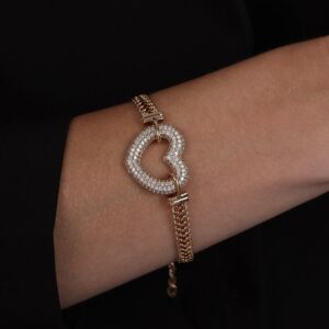 Pulseira de Coração Vazado Cravejado com Zircônia Banhado a Ouro 24k