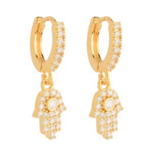 Brinco Argolinha Mãos de Fátima Cravejado Zircônia Banhado a Ouro 24k