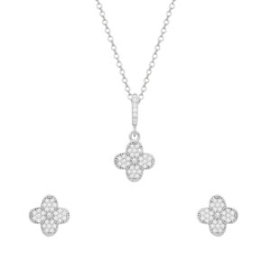 Conjunto de Trevo Cravejado de Zircônia Banhado em Ródio